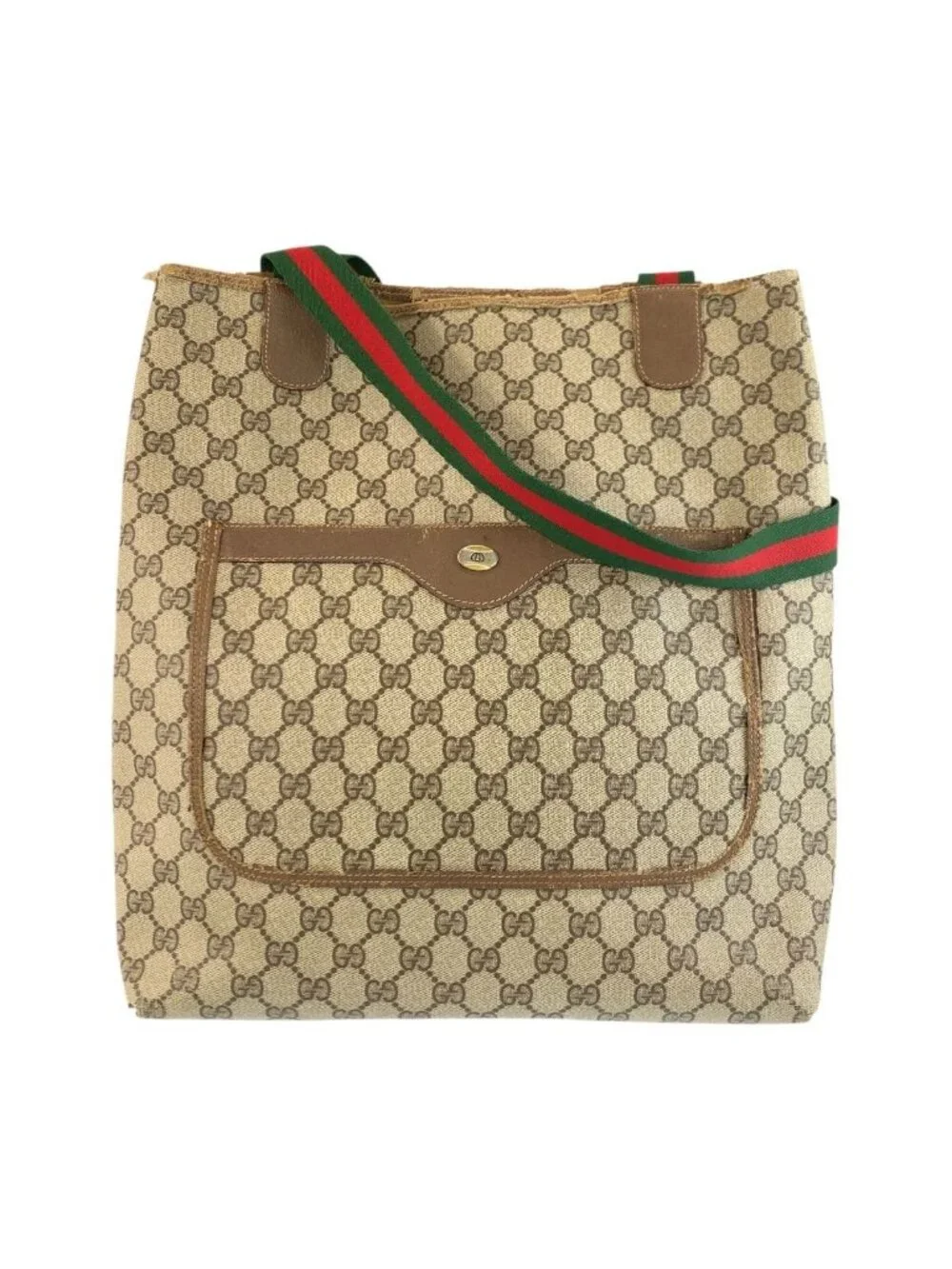 Gucci Vintage Sherry Line Brown Beige GG Supreme Canvas Tote Shoulder